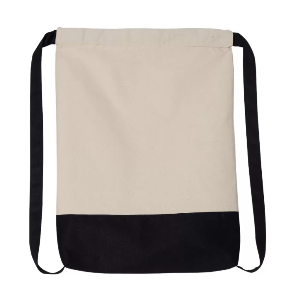 Beige and black drawstring bag on a white background